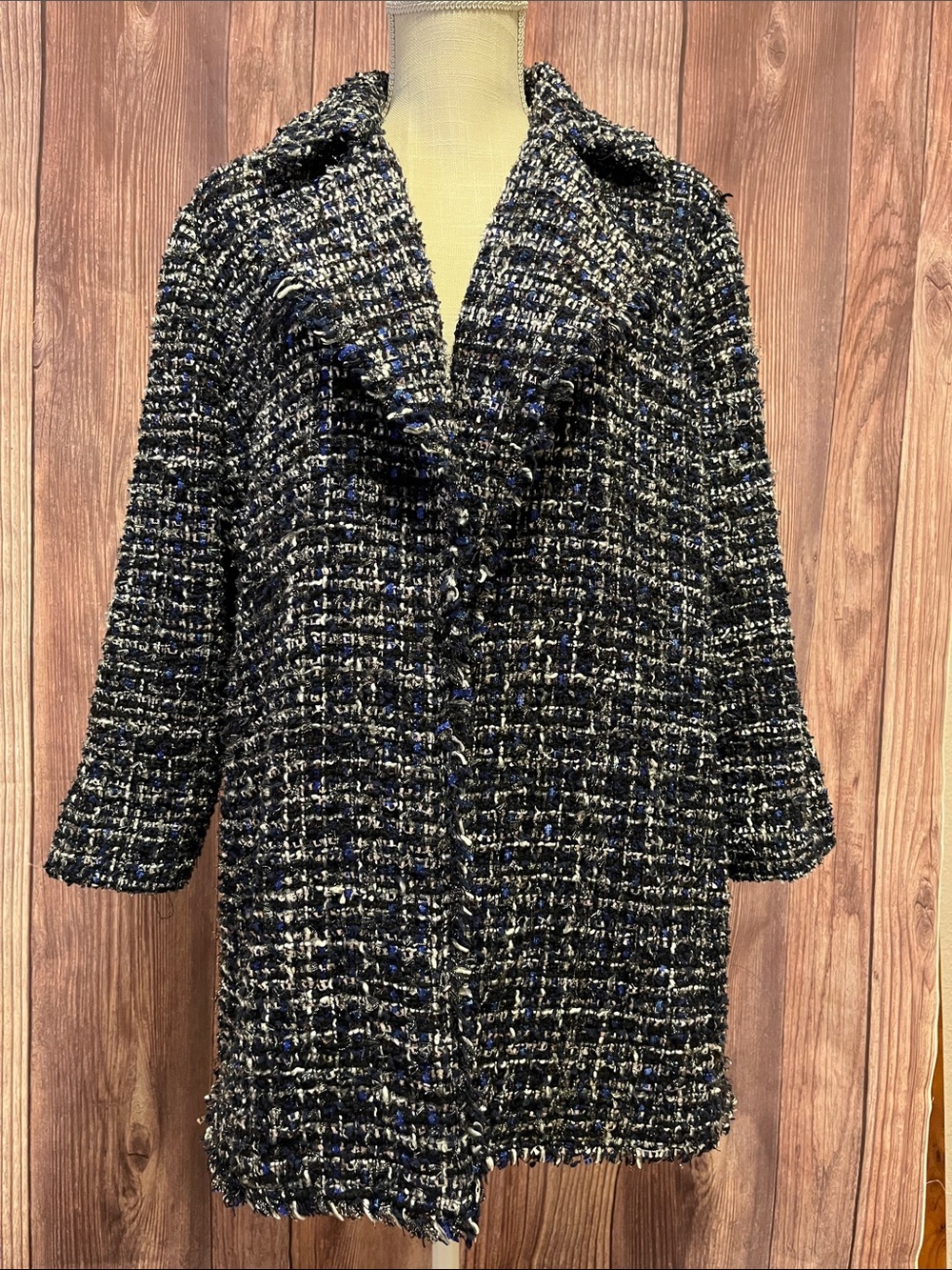 Chico’s Navy and Black Bouclé Open Front Jacket